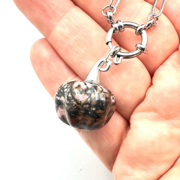 Dragon Blood Gemstone Pumpkin Pendant Necklace Silver Tone 17 Inch - Picture 5 of 6